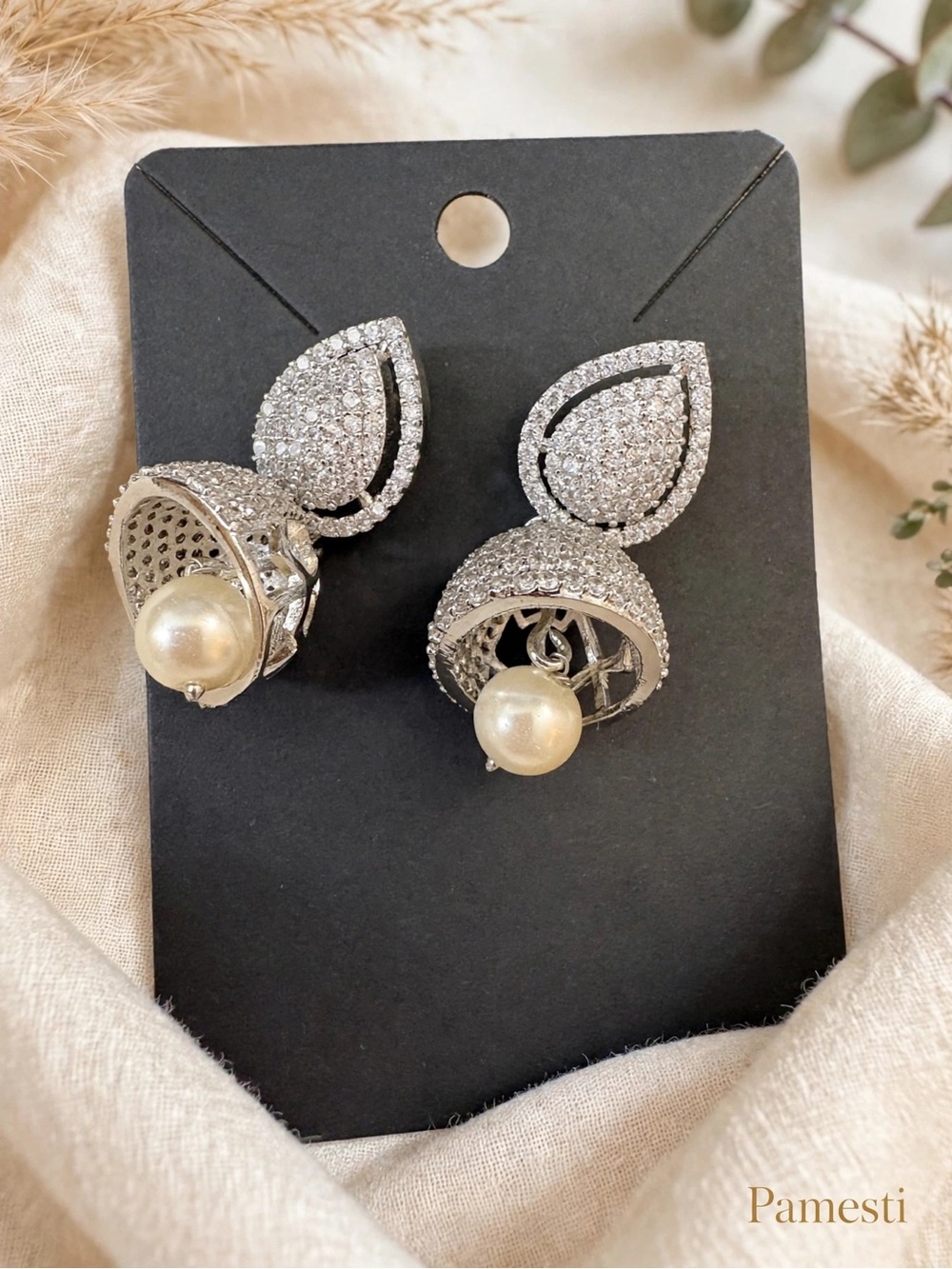 Silver Crystal Teardrop Pearl Drop Earrings